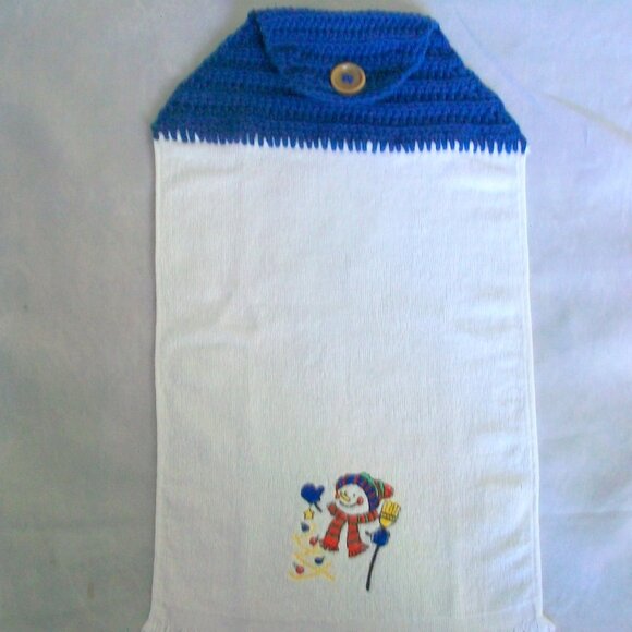 Hand Crochet Blue Holiday Snowman Hand Towel 12" x 20" - Picture 1 of 5